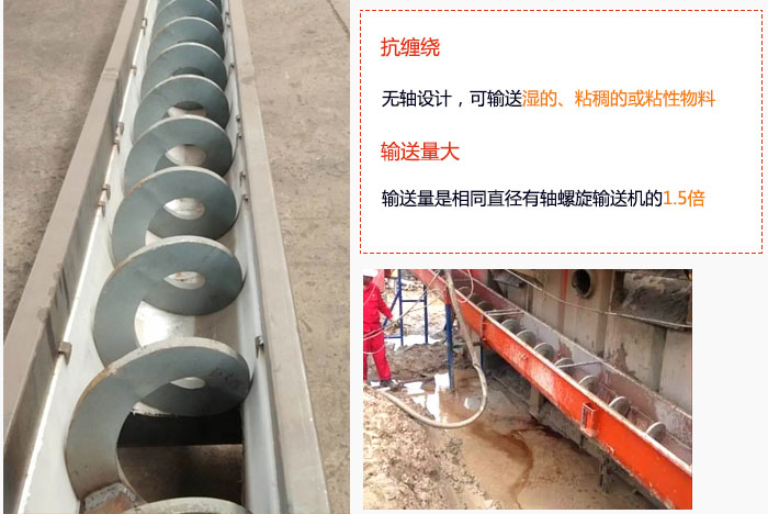 WLS無軸蘑菇视频网址官网輸送量大是相同直徑有軸蘑菇视频网址官网的1.5倍，抗纏繞性好，無軸設計，可輸送濕的、粘稠的或粘性物料。